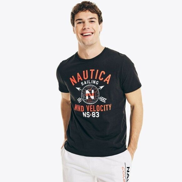 NWT Nautica Sz XXL Men's Arrow Map Logo Graphic Black Orange Sailing T-Shirt - Picture 1 of 6